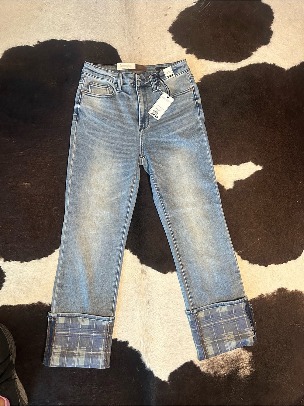 NWT Judy Blue Light Blue Boyfriend Jeans with Plaid Cuffs
